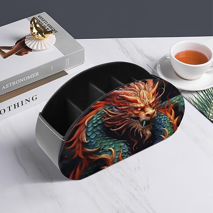 Chinese Dragon TV Remote Control Holder PU Leather Storage Caddy Box 5 Compartments Multi-functional Desktop Organizer Store for Brush Office Supplies Pen Glasses