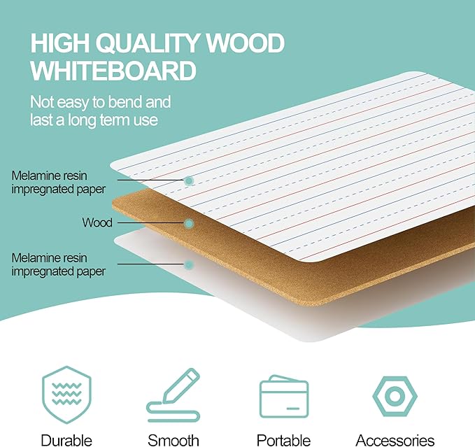 30 Pack Small White Boards, 9"x12" Double Sided Personal Dry Erase Boards Portable Handheld Whiteboards with Lines for Kids, Students, Teacher School, Include 30 Markers, 30 Erasers