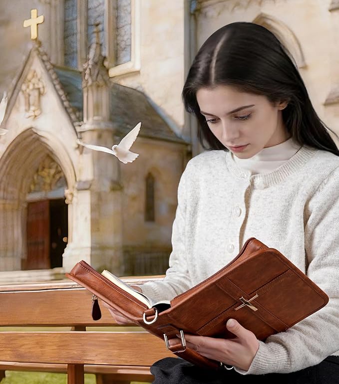 Vegan Leather Bible Cover Case, Bible Bag with Phone Pocket, Bible Case for Men Women, Christian Gift Box Packaging (Brown - with Strap)