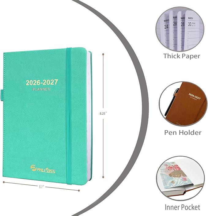 Daily Planner 2026-2027, One Page Per Day, Academic Calendar (July 2026 - June 2027), Appointment Book with Time Slots and Monthly Tabs, 5.7" x 8.25", Pocket, Leather Cove (Lake Green)