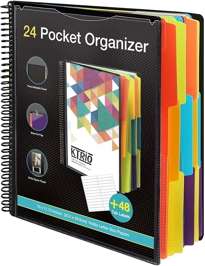 KTRIO 24 Pocket Project Organizer, Letter Size Spiral Binder,Black | 24 Pocket Storage,Letter Size Fit,Water-Resistant Poly,Zip Pouch Included,Writable Color Tabs