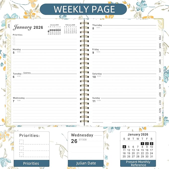 2026 Monthly Planner, Jan.2026 - Dec.2026 Weekly Monthly Planner 6.25"x8.5" with Page Tabs, Calendar Hardcover with Inner Pocket, Elastic Band, Twin-Wire Binding, Bookmark, Blue-Yellow Flower