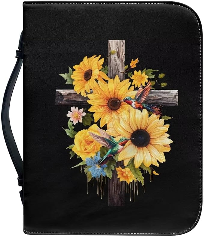 Bird Flower Cross Bible Covers for Women Bible Holder Case Large Size with Handle Waterproof Bible Protector PU Leather Bible Organizer Bag for Men