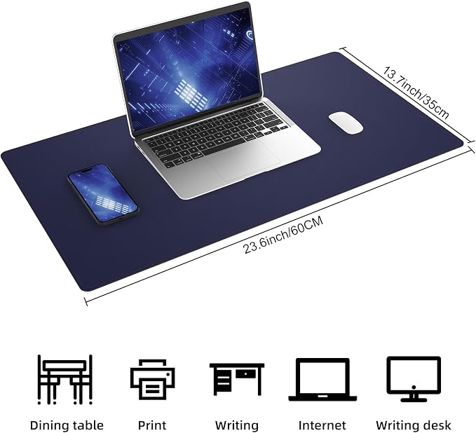 AFIING Cork Desk Mat 23.6 x 13.7, Dual-Sided Cork & PU Leather Desk Pad, Waterproof Non-Slip Desk Protector for Home Office, Study Desk & Minimalist Workspace Blue