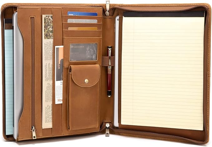 YIWEN Handmade Leather Portfolio, Zippered Padfolio Organizer Case, 8.5 x 11" Notepad Holder and 13" Tablet Folio, Professional Business Travel Gift for Women and Men (Brown, Crazy Horse Leather)