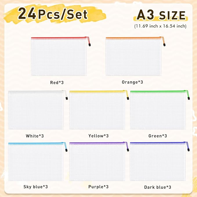 24pcs Mesh Zipper Pouch Bags, A3 Large Size 8 Colors Plastic Zipper Bags for Organizing Storage, Clear Pouches with Zipper, Waterproof Mesh Bags for School Supplies, Home Organize, Travel Storage