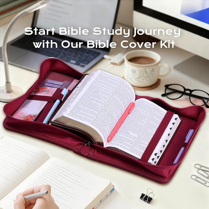 XKDOUS Bible Cover Case for Women, Leather Bible Bags with Study Supplies Journaling Kit, Gold Foiled Carrying Case Large Church Book Holder with Handle, Christian Gifts for Lady