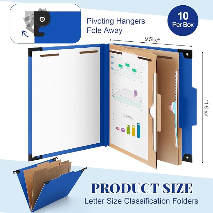 10 Pack Hanging Classification Folders, 2 Pocket Dividers, Letter Size, 6 Fasteners, 3" Expansion, 1/3 Tab Cut, Recycled Pressboard Manila File Folder Bulk Organizers for School Office Medical Law