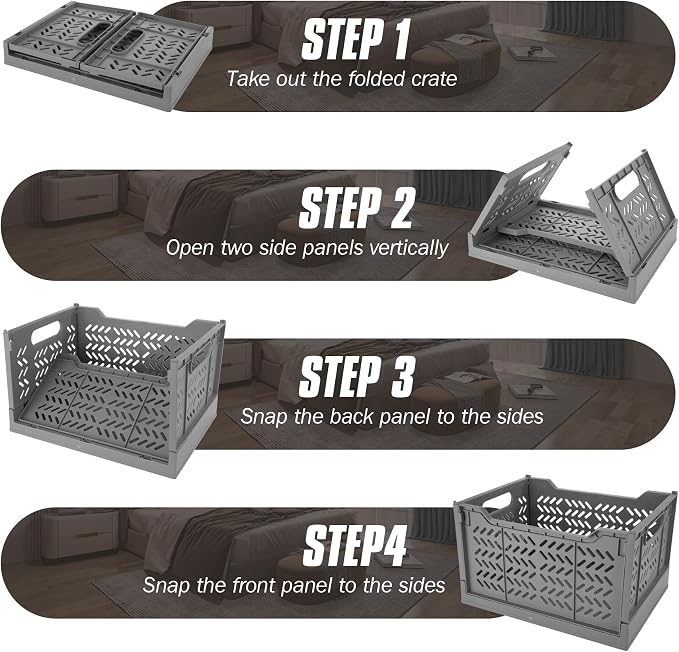Domiella 2-Pack Crates for Storage, Storage Crates Plastic Stackable, Foldable Crate for Office Home Kitchen Bedroom Bathroom (Tall, Gray)