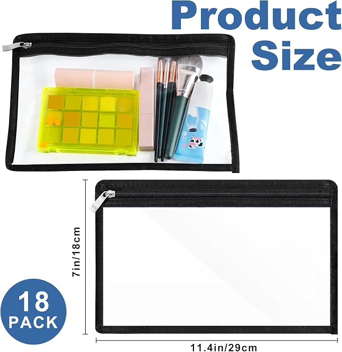 18 Pcs Clear Zipper Pouches, PVC Waterproof Cosmetic Organizer Bags, Document and File Storage Envelopes for Home and Office Supplies (7 x 11.4 inch)