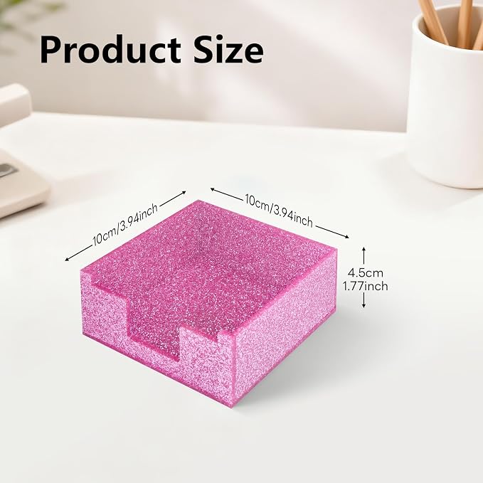 Rose Pink Sparkling Sticky Note Holder, Glitter Acrylic Organizer, 3.94 x 3.94 in Multi-Use Tray for Office, School & Home Desk