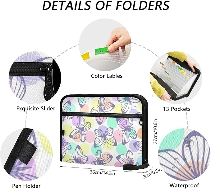 Polka Dot Background Butterfly 13 Pockets Expanding File Folder with Sticky Labels Accordion File Folder Document Organizer Letter Size A4 Papers Expandable File Keeper