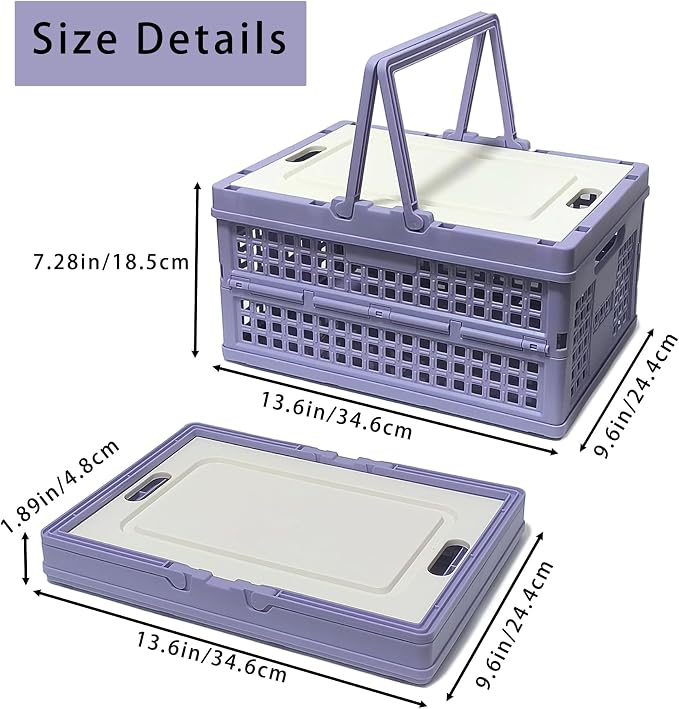 Collapsible Storage Crate with Lid, Folding Crates Bins, Stackable Plastic Storage Baskets with Handle for Home Organization, Office, Picnic, Camping, Groceries, Car Trunk(13.6x9.6x7.28 Inch, Purple)
