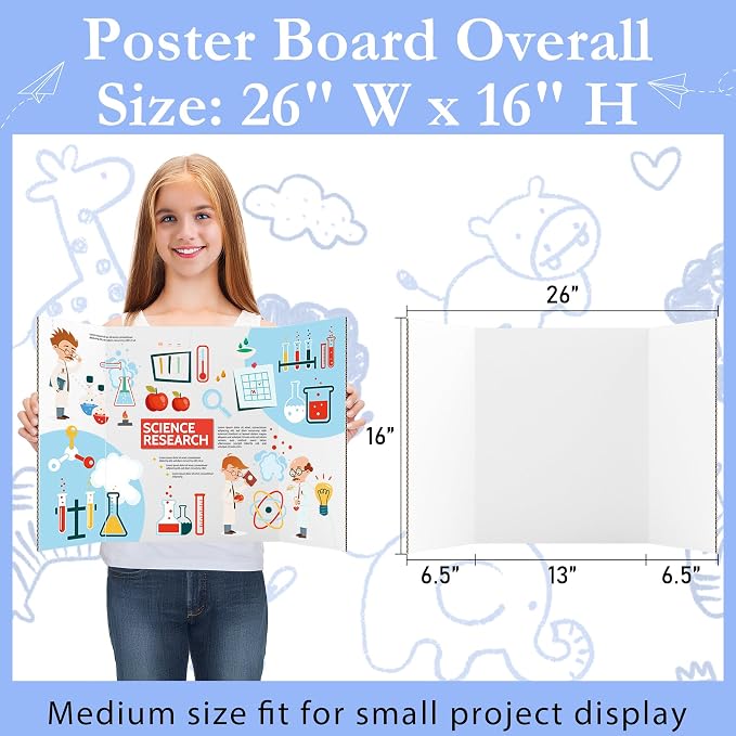 AKONEGE 6 Pack Medium Trifold Poster Board, 26" x 16" White Corrugated Cardboard Tri Fold Poster Boards for Presentation, School Projects, Science Fair, Photo Display Exhibitions Event