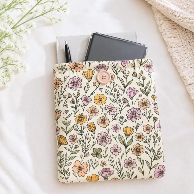 Floral Book Sleeve - Elegant Book Cover with Wooden Button, Cotton Padded Protector for Paperbacks & Hardcovers, Ideal for Book Lovers, Durable Design (Soft Florals, Large)