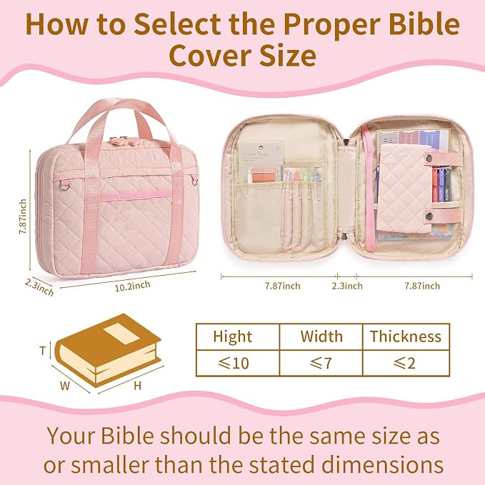 Quilted Bible Cover for Women, Zippered Bible Case with Handle, Bible Organizer Bag w/Multiple Pockets & Pen Slots Lightweight Bible Tote Bag for Church Study, Gifts for Women (Pink)