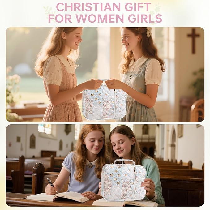 Bible Cover Case for Women Large Bible Cover with Durable Handle Quilted Bible Carrying Case for Girls Bible Study Supplies Accessories (Spliced Flower, Spliced Flower)