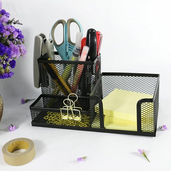 GZBABY Pen Holder Mesh Pencil Holder, Metal Desk Organizer with 3 Compartments, Desk Accessories and Workspace Organizer for School Home Office (Orange)