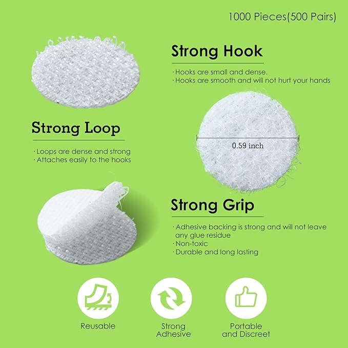 1000 Pcs | 500 Pairs | 0.59inch Diameter | 100% Nylon | Hook and Loop Fastener Self Adhesive Strong Round Circle Sticky Sticker Dots for Arts and Crafts School Classroom Home and Office Use, White