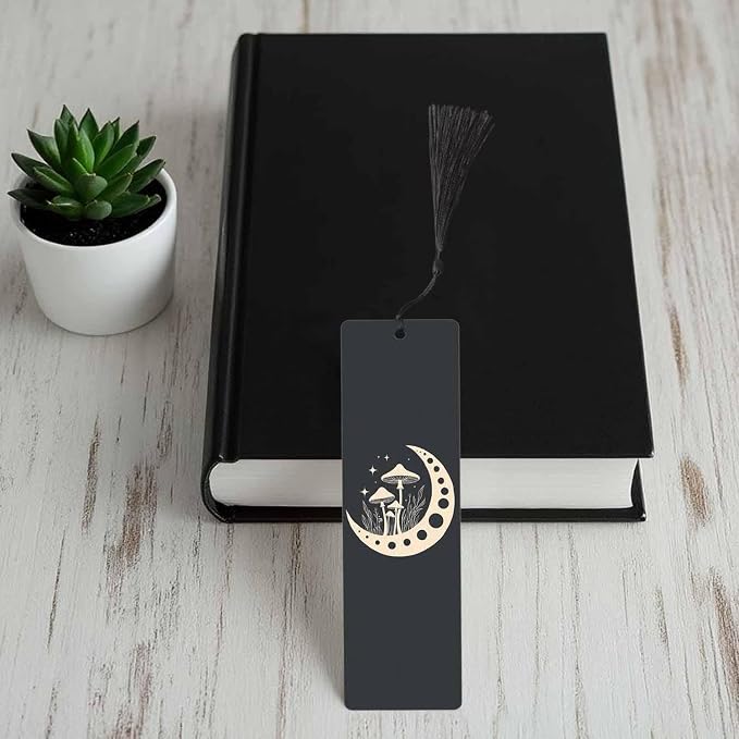 Mushrooms Bookmarks 5 Pcs Cosmic Moon Mystical Black Wooden Bookmark with Tassels for Reading Book Lovers Gift Office School Readers Teacher
