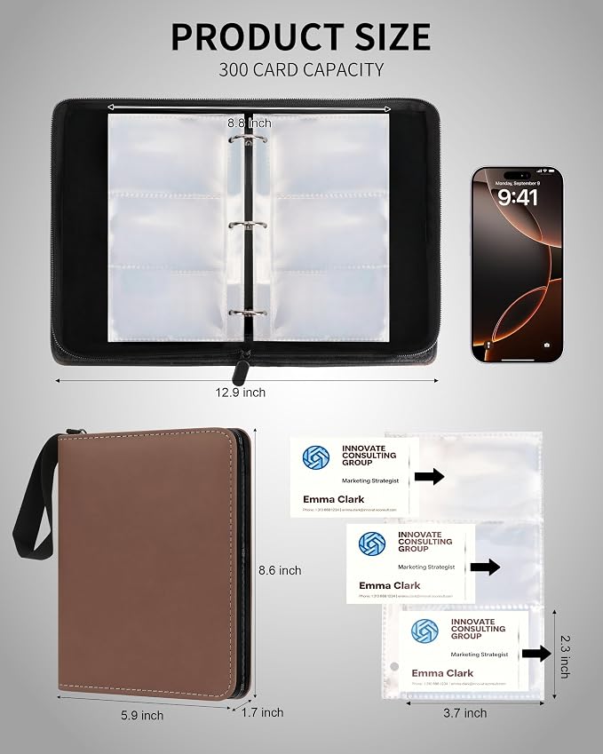 Leather Business Card Book Holder Organizer, Professional Name Card Book Holder with 300 Card Capacity, Portable PU Credit Card Binder File Sleeve Storage for Men Women,50 Pack Sleeves Zipper Closure