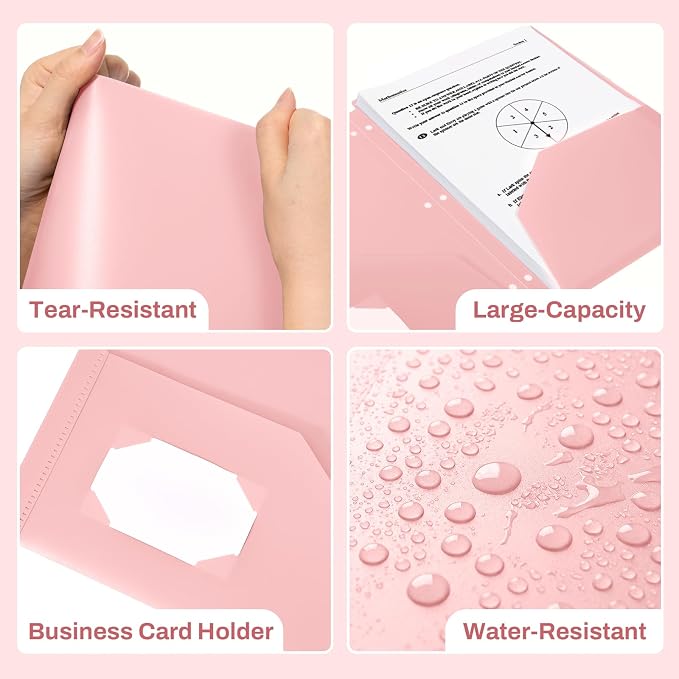 SUNEE 3 Hole Pocket Folders (1 Pack, Pink), Plastic Pocket Folders for 3 Ring Binder, 3-Hole Punched Folder with Pockets, for Kids, Students, Teachers, Office Staff