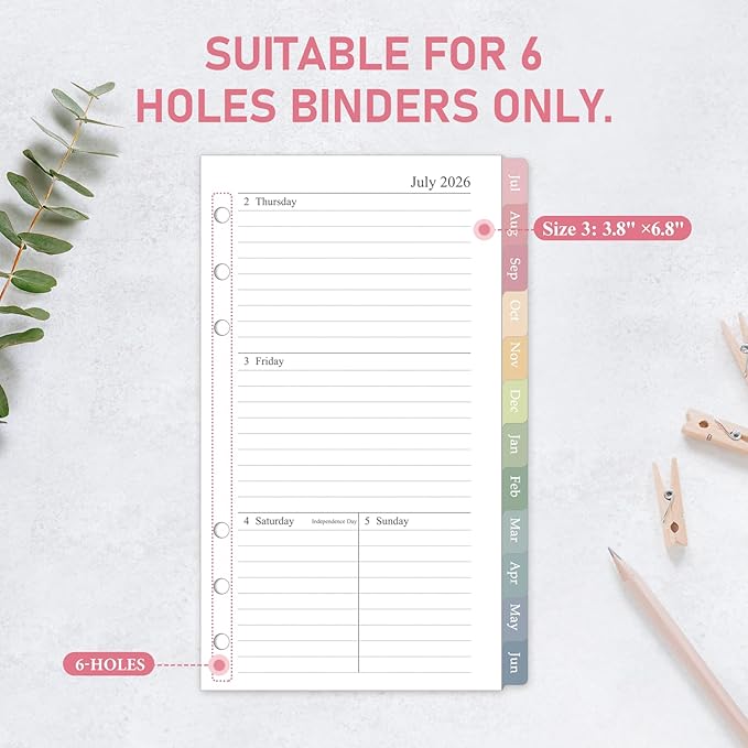 2026-2027 Weekly & Monthly Planner Refill, 3.8"x6.8", A6 Small Size Planner Inserts with Colorful Monthly Tabs, Size 3, July 2026 - June 2027, 6-Hole Punched