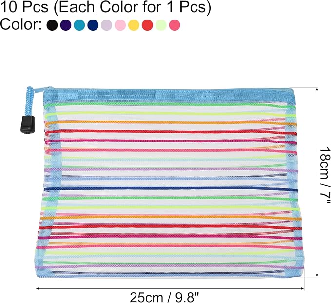MECCANIXITY Mesh Zipper Pouches, A5 Pencil Case Document File Bags Storage Organizer for Office Supply Travel Accessory, Multicolor Pack of 10