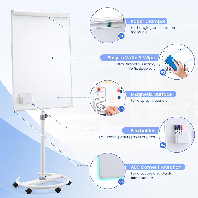 MAKELLO Rolling Whiteboard, Height Adjustable Dry Erase Board on Wheels, Mobile White Board for Office School Classroom Home Restaurant, Aluminum Frame, 40x26 in