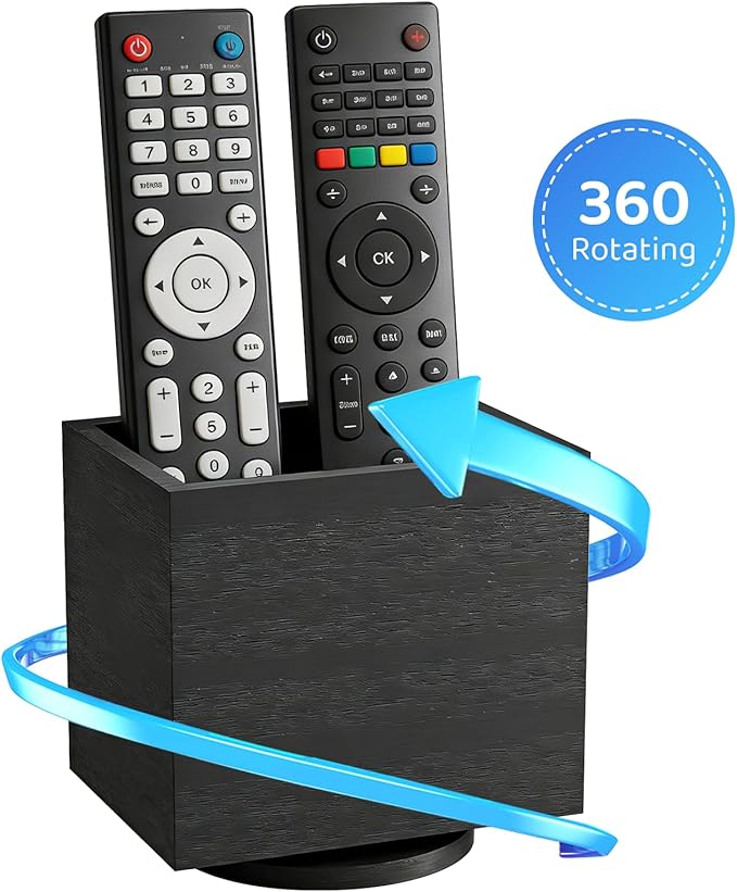 360° Rotating Remote Control Holder, Wooden TV Remote Holder for Table, Desk Organizer Caddy Media Storage Box Ideal for Living Room, Bedroom, Office Desk (Black)