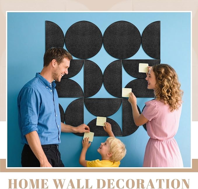 Mindsoft 24 Pack Decorative Bulletin Board Felt Wall Tiles Bulk 11.8"x5.9" Semi-Circle Large Wall Art with Removable Adhesive Tabs for Customizable DIY Home Office Decoration Gift (Black)