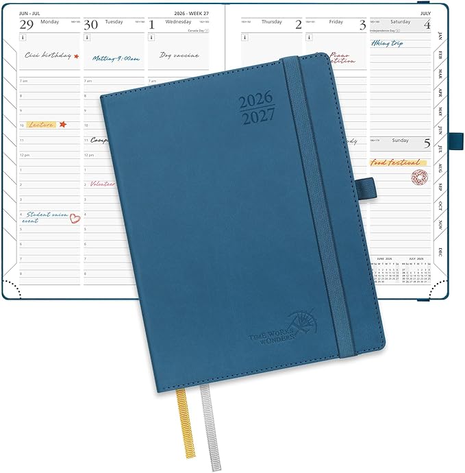 POPRUN Planner 2026-2027, 6.5" x 8.5", Academic Planner 2026-2027 Weekly and Monthly (July 26-June 27) Hourly Appointment Book with Inner Pockets, Leather Soft Cover, 100GSM - Night Sky Blue