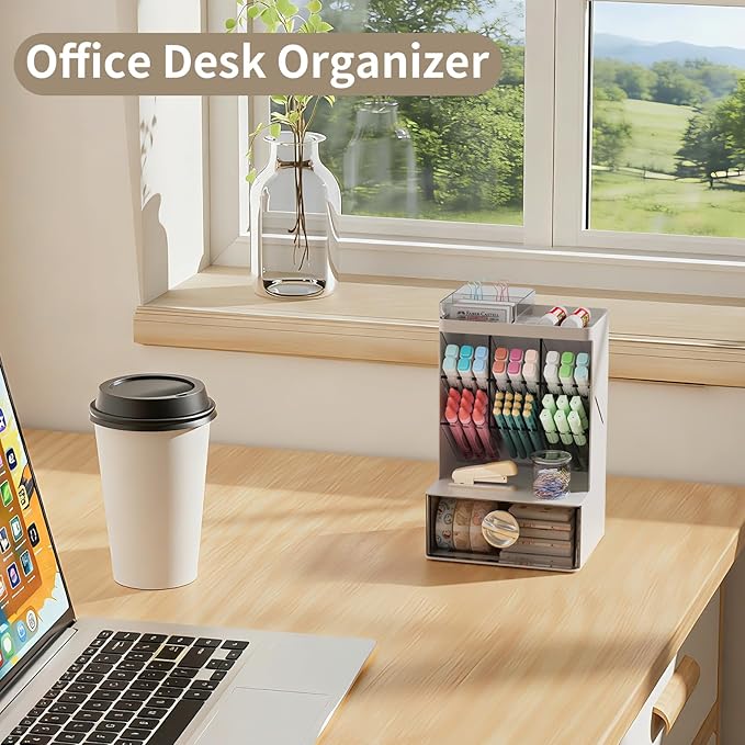 Office Desk Organizer with Drawer, 6 Compartments Pen Holder for Stationery & Craft, Multi-Purpose Art Supply Organizers Pencil Holder for Desktop, Vanity, Bathroom, Pantry & Home Storage