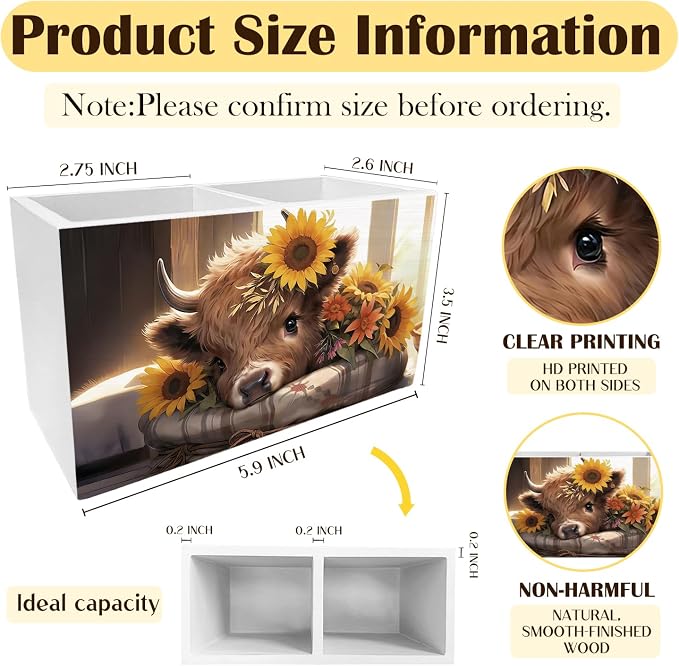 Sunflower Highland Cow Pen Holder for Desk, Highland Cow Lover Gifts Pencil Organizer, Cottagecore Wildflower Heifer Wooden Box Sign Desk Decor for Farmhouse Home Office Decoration