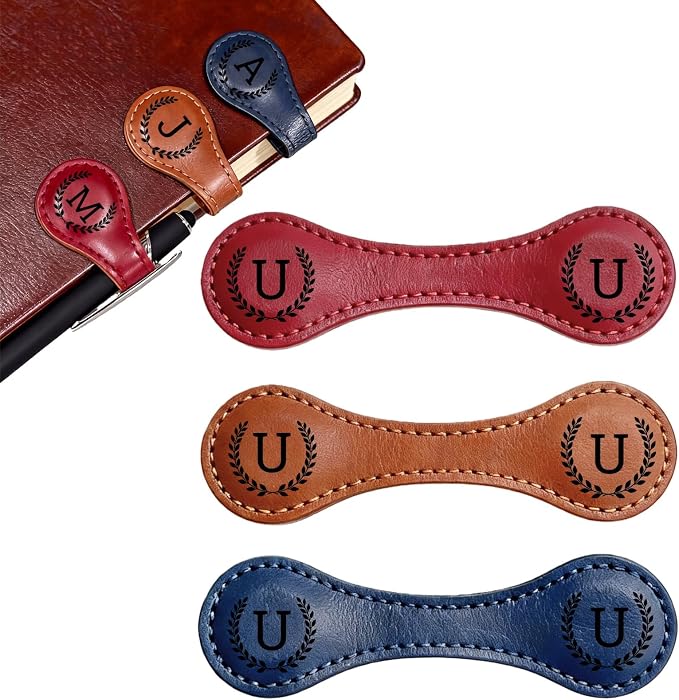 3PCS Personalized Magnetic Leather Bookmark, 26 Letters Custom Bookmarks, Customized Engraved Name Initial Book Mark for Book Lovers Readers Teachers Women Men, U