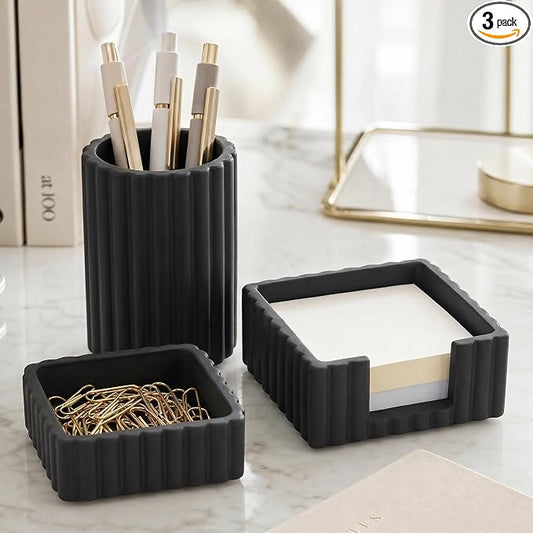 KIBAGA Modern Aesthetic Desk Accessories Set of 3 - Stylish Concrete Organizers for Pens & Office Supplies - A Cute and Functional Addition to Your Workspace Decor