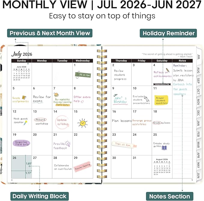 Academic Planner 2026-2027, Weekly and Monthly Calendar Book, July 2026 – June 2027, Hardcover Planner with Tabs, Perfect for Teachers, Students, Women & Men, A4 (8.5" x 11") - Mushrooms Grovel