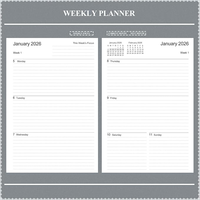 Tiankool Planner 2026, Jan 2026 - Dec 2026 Weekly Monthly Planner with 12 Monthly Tabs and Elastic Closure, Inner Pocket, Round Corner,5.8" x 8.25"- Grey