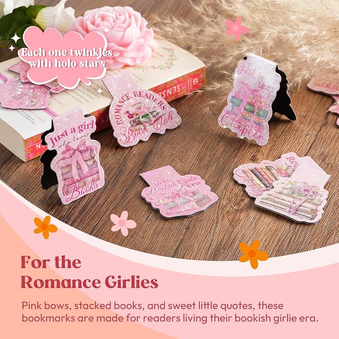 Kaciola Studio 12PCS Glittery Magnetic Bookmarks for Women, Pink Booklovers Theme Funny Magnetic Bookmarks, Magnets Cute Book Marks for Book Lovers Gifts, Cute Gifts for Booklovers Reader Girls