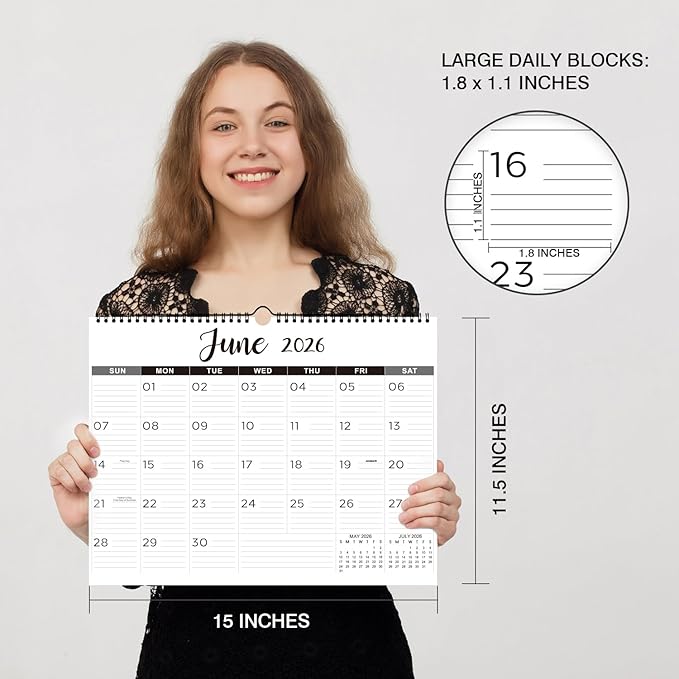 2026 Wall Calendar - 2026 Calendar with Thick Paper, 15" x 11.5", Jan.2026 - Dec.2026, Twin-Wire Binding + Hanging Hook + Ruled Blocks with Julian Date - Classic Black