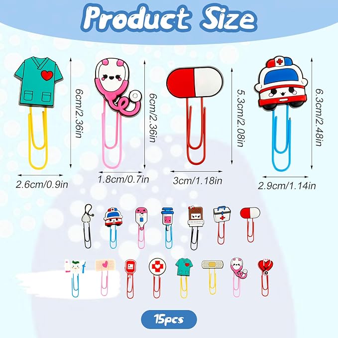 15 Pcs Cute Cartoon Bookmarks, Nurse Gifts Medical Theme Bookmarks Colorful Paperclip for Pagination Organize Folder Unique Bookmark for Nurses Day Doctors Day Office Kids Gift