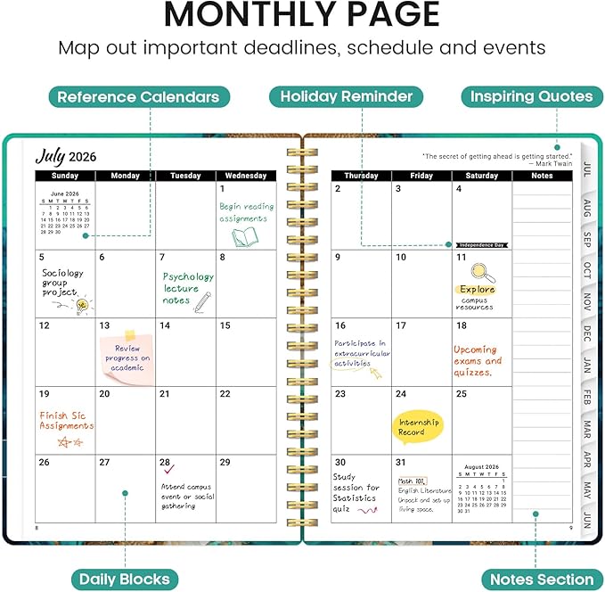 Planner 2026-2027, Academic Monthly and Weekly Calendar Planner for Women, July 2026 - June 2027, Hardcover Pretty Agenda Planner Book with Tabs, Spiral Daily Organizer for School Office Home Supplies, 6.3" x 8.5" - Emerald Shores