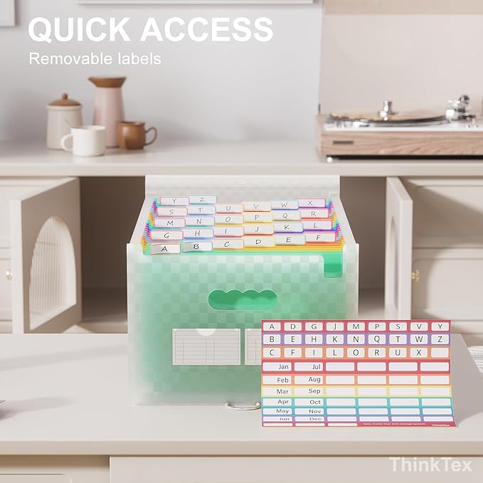 ThinkTex Accordion File Organizer, 26 Pockets Expanding File Folders, Monthly Bill Receipt Documents Organizer, A-Z Colorful Tabs, Letter/A4 Size - Green
