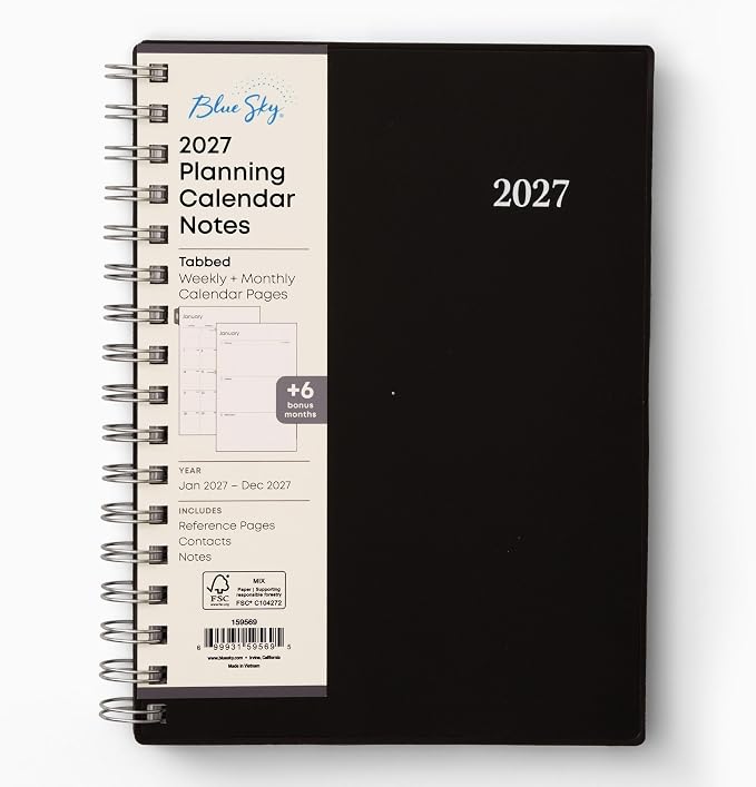 Blue Sky 2027 Weekly and Monthly Planner Calendar Notes, Includes January 2027 - December 2027, 5.875" x 8.625", Flexible Cover, Wirebound, 30 Extra Notes Sheets, Laminated Tabs, Enterprise