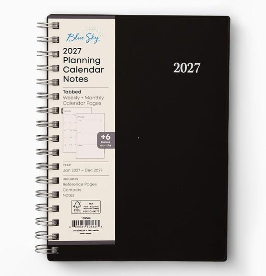 Blue Sky 2027 Weekly and Monthly Planner Calendar Notes, Includes January 2027 - December 2027, 5.875" x 8.625", Flexible Cover, Wirebound, 30 Extra Notes Sheets, Laminated Tabs, Enterprise
