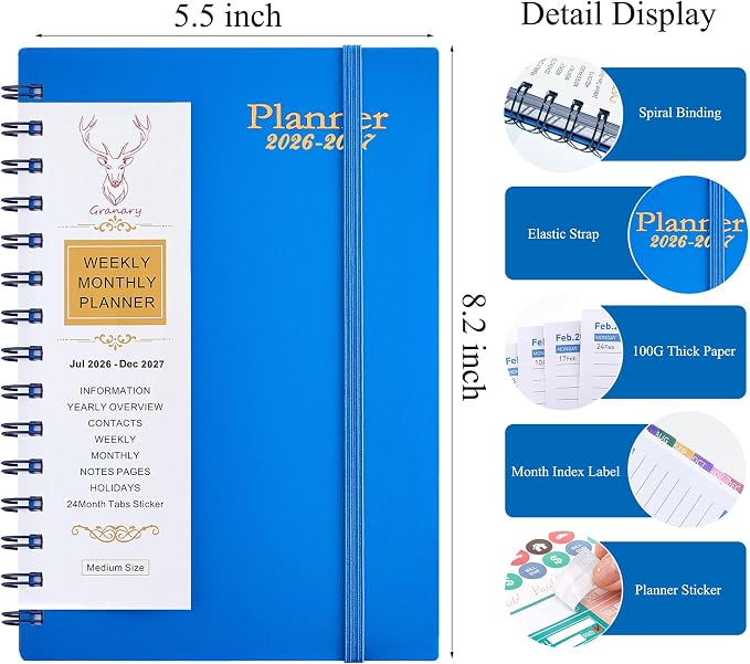 Planner 2026-2027, Weekly and Monthly Planner 2026-2027 Academic Year (July 2026-June 2027), 18 Months Calander Planner, Daily Agenda Book for School Student, Teachers, Office Supplies, Home,8.2"×5.5" (JUL.2026-DEC.2027 Deep Blue)