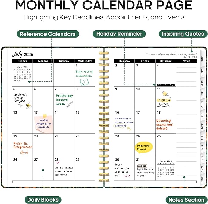 Planner 2026-2027, Academic Year Weekly and Monthly Calender Planner, from Jul 2026 - Jun 2027, Spiral Bound School Planning Book, Perfect for Teacher, Student, Women & Men, A4 (8.5" x 11"), Enchanted Grove