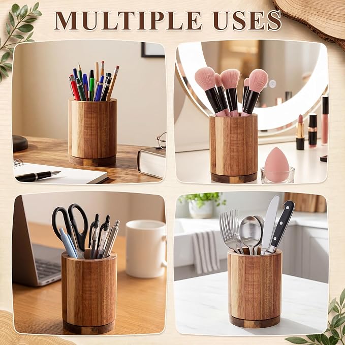360° Rotating Pen & Pencil Holders Accessories Acacia Wood Desktop Pencil Holder Containers Farmhouse Stationery Organizer Stand for Office Table Desk Accessory