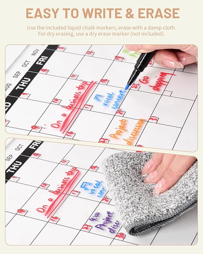Acrylic Dry Erase Monthly Calendar Board for Desk, 9x13 Transparent Acrylic Whiteboard with Date Grid, Wood Stand, 6 Wet Erase Markers, for Home, Office, School (White Text)