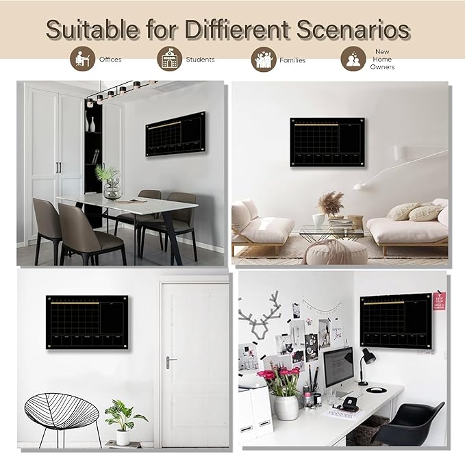 Black Glass 3-1 Monthly Dry Erase Calendar Whiteboard for Wall,20"x 30",Frameless Mounting,Office/School/Home, Frameless Large Planner White Board